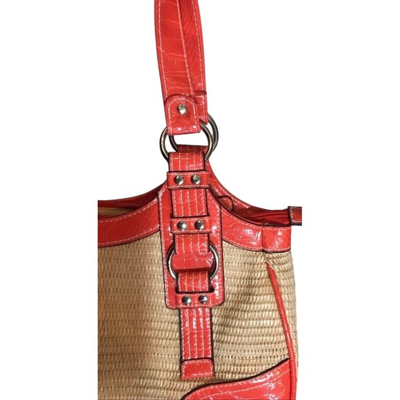 Beach Bag/Tote Bag Faux Leather Unbranded Tan Straw Pattern W/Orange. 14”X8”X”4 - Picture 5 of 5